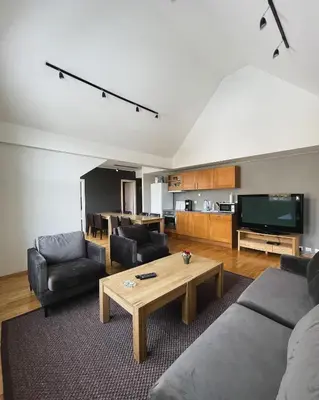 a living room with a couch and a table at Hovdestøylen Apartments in Hovden