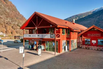 a large wooden building in front of a mountain at Flåmsbrygga Apartments in Flåm