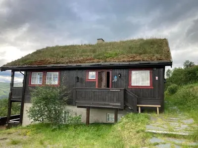a house with a grassy roof with a balcony at Bjødnabakkvegen 22C in Beitostøl