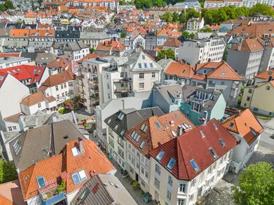 an aerial view of a city with buildings at King bed - Behind Bryggen - Renovated des 23 in Bergen