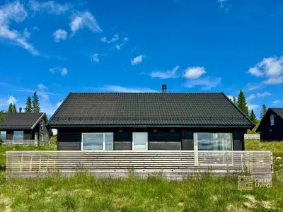 a house with a black roof on a green field at Cozy cabin on Sjusjølia by the trail network sauna in Ringsaker