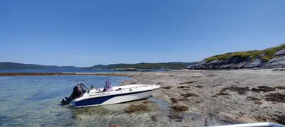 a boat sitting in the water on a beach at Apartment Solbakken Feriehus in Fevåg