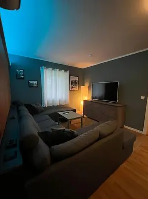 a living room with a couch and a flat screen tv at Stue, soverom og bad in Åmot