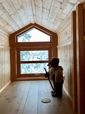a dog standing in a room with a window at Hito - cabin between Flå and Eggedal in Flå