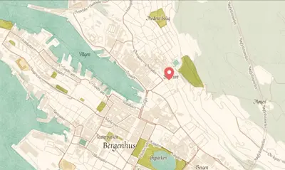 a map of a city with a red marker at Bryggen Hideaway I Lux Feeling & Private Patio in Bergen