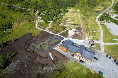 an aerial view of a building in a park at Leilighet - Panorama view - Sogndal Skisenter Hodlekve in Sogndal