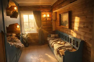 a room with two beds in a log cabin at Smie på sjarmerende og historisk gård in Baukål
