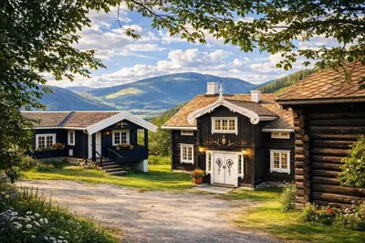 a group of houses with mountains in the background at Sjarmerende tømmerhytte på gårdstun in Baukål