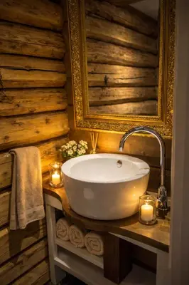 a bathroom with a tub and candles on a counter at Eventyrlig Tømmerhytte på Gårdstun in Vinstra