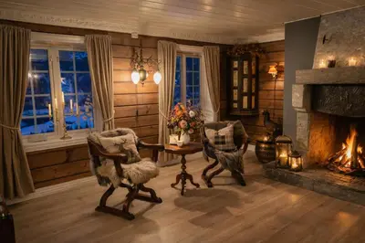 a living room with two chairs and a fireplace at Eventyrlig Tømmerhytte på Gårdstun in Vinstra