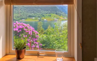 a window with a view of a lake and flowers at Lovely Home In Bjordal With Kitchen in Bjordal