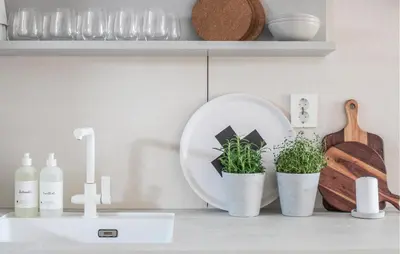 a kitchen counter with two potted plants and a sink at Gorgeous Home In Bjorli With Wifi in Bjorli