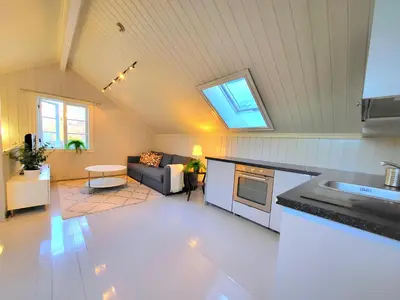 a kitchen and living room with a couch and a table at Mercury House, Cathedral View ! Free Parking ! in Trondheim