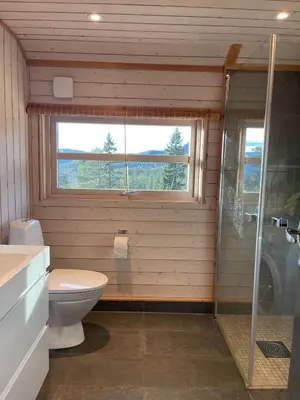 a bathroom with a toilet and a window and a shower at Sveheim - cabin with an amazing view in Flå