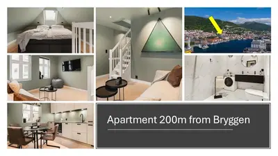 a collage of different pictures of a room at Bryggen // Fløyen Apartments in Bergen