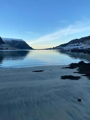a large body of water with mountains in the background at Honey bay cottage in Stadlandet