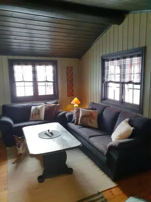 a living room with a couch and a table at Bjørgebu Camping AS in Mysusæter