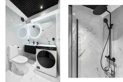 two pictures of a bathroom with a shower and a toilet at King bed - Renovated 2024 - 2BR Behind Bryggen in Bergen