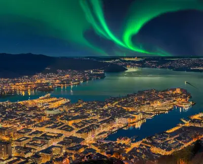 an aerial view of the aurora over a city at Easy Living in Bergen