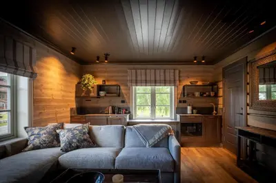 a living room with a couch and a kitchen at Bokhandel'n Gjestehus in Vågåmo