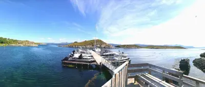 a group of boats docked at a dock in the water at Stabburet på Balsnes Gård in Hitra