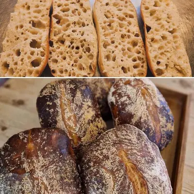 two pictures of bread with powdered sugar on it at Bed and Brunsj, Sand in Sand
