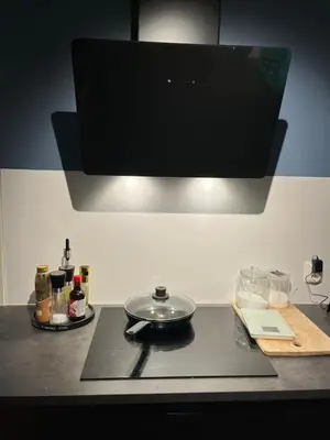 a stove top with a pan on top of it at Sentrumsnært hus in Rjukan
