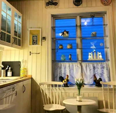 a kitchen with a window with a bunch of stuffed animals at Kvammehuset på Gamle Lærdalsøyri in Lærdalsøyri