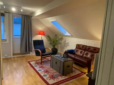 a living room with a leather couch and a chair at Bakkebo Rampestreken in Åndalsnes