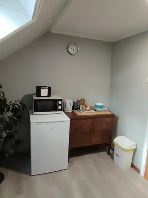 a kitchen with a counter and a microwave on a wall at Sveciu namai in Vikedal