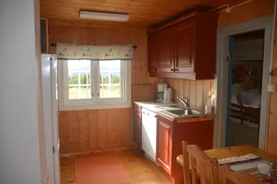 a kitchen with wooden cabinets and a sink and a window at Einkjerrbu cabin by Norgesbooking - in Svingvoll