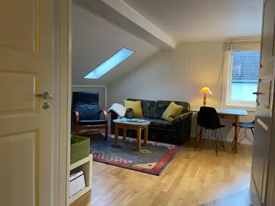 a living room with a couch and a table at Bakkebo Trollstigen in Åndalsnes
