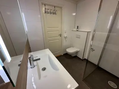 a bathroom with a sink and a shower and a toilet at Rorbu i Gilsvågen - Egen Brygge - Båtutleie in Blænes