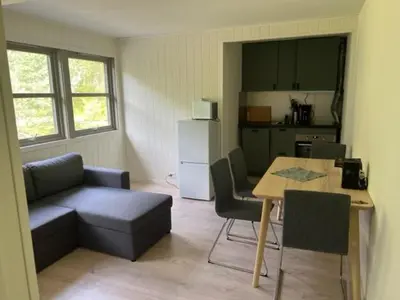 a living room with a couch and a table and a kitchen at Trolltun, Frystevegen 4 in Ulvik