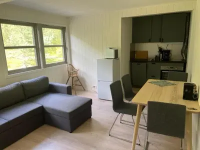 a living room with a couch and a table and a kitchen at Trolltun, Frystevegen 4 in Ulvik