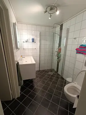 a bathroom with a shower and a toilet and a sink at 3-roms leilighet, innsjekk uten vert. Egen inngang in Ålesund