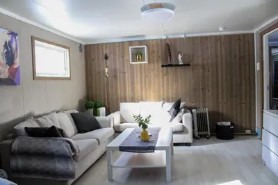a living room with a couch and a table at Hus nær lillehammer og sjusjøen in Lillehammer