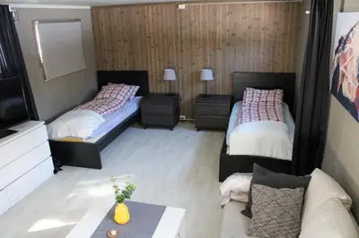 a bedroom with two beds and a couch and a tv at Hus nær lillehammer og sjusjøen in Lillehammer