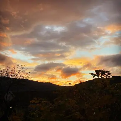 a sunset with a tree in front of a mountain at Store Ringheim Apartment - Villa Solberg in Vossevangen