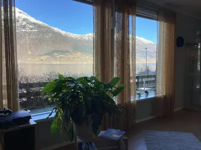 a window with a plant in a room with a view at Fjordview 35 in Lofthus