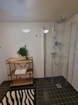 a bathroom with a shower and a shelf with towels at Central Apartment Ålesund in Ålesund