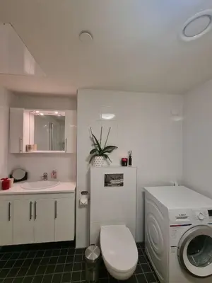 a bathroom with a toilet and a sink and a washing machine at Central Apartment Ålesund in Ålesund