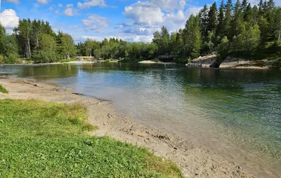 a body of water with a beach and trees at Pet Friendly Apartment In Hemsedal in Hemsedal