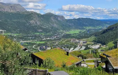 a view of a valley with a town and mountains at Awesome Apartment In Hemsedal With Wifi in Hemsedal