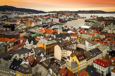 an aerial view of a city with a river and buildings at Central stay apartment - 302 in Bergen