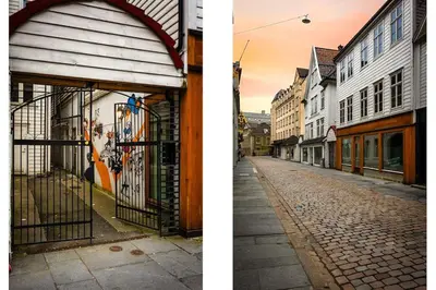 two pictures of an empty street with a gate at Central stay apartment - 401 in Bergen