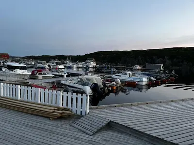 a bunch of boats are docked in a marina at Feriehus nær sjøen på Kvenvær in Hitra