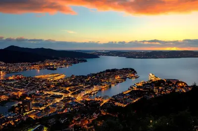 an aerial view of a city and a body of water at The DreamHouse - inner City Center - Old Town in Bergen
