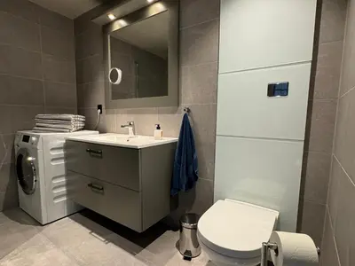 a bathroom with a sink and a toilet and a mirror at Riddertunet Beitostølen in Beitostøl