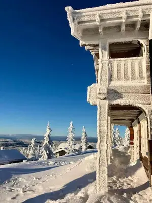 a building in the snow with snow covered trees at New log cabin with sauna, waxing shed & bench at Sjusjøen in Ringsaker